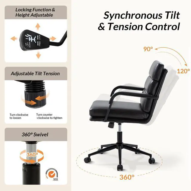 Alt view image 3 of 6 - Modern Faux Leather Home Office Chair with Tilt Lock, Black | Leather Desk Chair with Wheels & Padded Cushion, 360° Swivel Wide Seat Computer Task Chair, Comfy Executive Chair