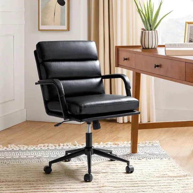 Alt view image 4 of 6 - Modern Faux Leather Home Office Chair with Tilt Lock, Black | Leather Desk Chair with Wheels & Padded Cushion, 360° Swivel Wide Seat Computer Task Chair, Comfy Executive Chair