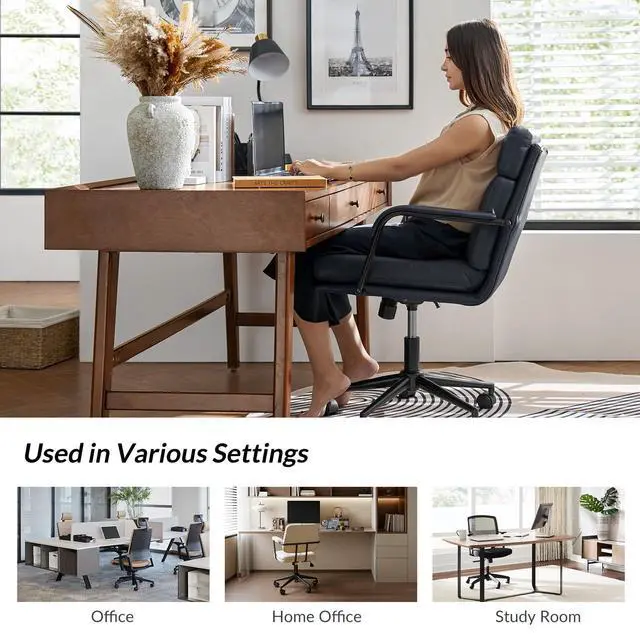 Alt view image 5 of 6 - Modern Faux Leather Home Office Chair with Tilt Lock, Black | Leather Desk Chair with Wheels & Padded Cushion, 360° Swivel Wide Seat Computer Task Chair, Comfy Executive Chair