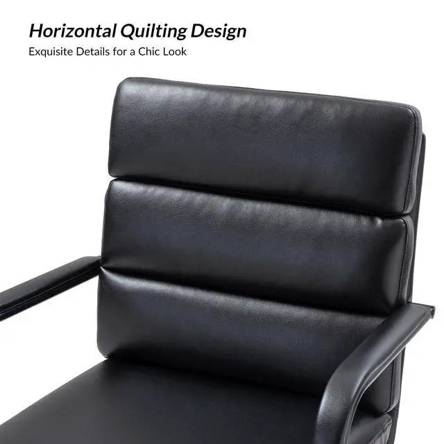 Alt view image 6 of 6 - Modern Faux Leather Home Office Chair with Tilt Lock, Black | Leather Desk Chair with Wheels & Padded Cushion, 360° Swivel Wide Seat Computer Task Chair, Comfy Executive Chair