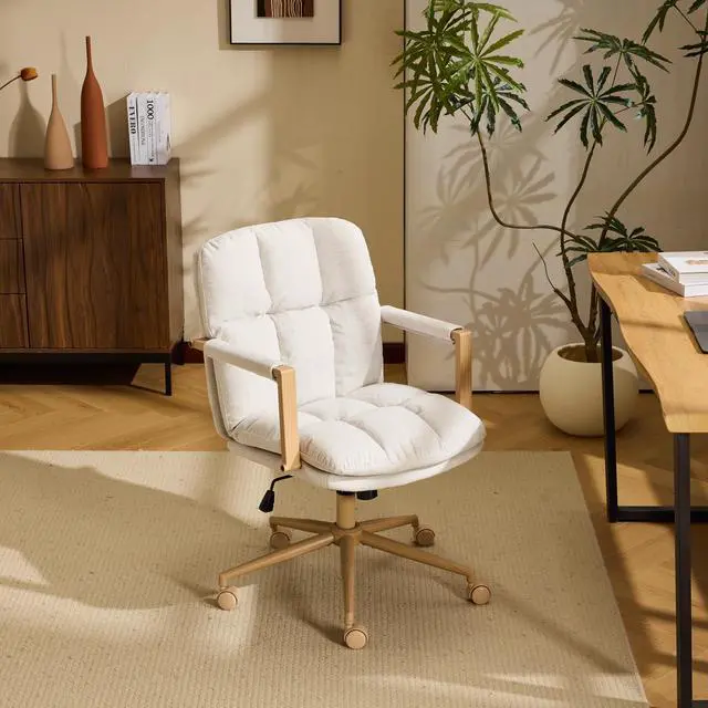 Main image of Comfy Linen Office Desk Chair with Wheels & Detachable Cushions & Wood-Like Armrests,Swivel Small Computer Task Chair,Adjustable for Girl Makeup Vanity,Teen/Kids Study,Nail Tech,Sewing,White