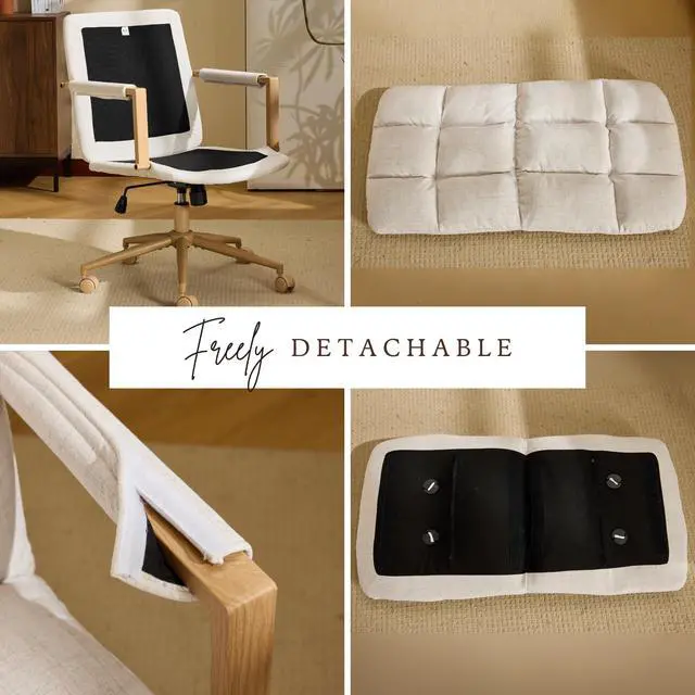 Alt view image 2 of 6 - Comfy Linen Office Desk Chair with Wheels & Detachable Cushions & Wood-Like Armrests,Swivel Small Computer Task Chair,Adjustable for Girl Makeup Vanity,Teen/Kids Study,Nail Tech,Sewing,White