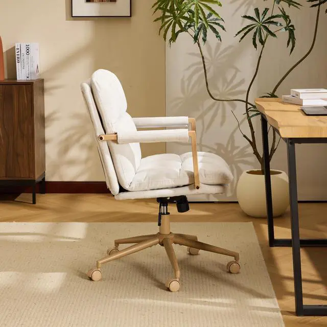 Alt view image 3 of 6 - Comfy Linen Office Desk Chair with Wheels & Detachable Cushions & Wood-Like Armrests,Swivel Small Computer Task Chair,Adjustable for Girl Makeup Vanity,Teen/Kids Study,Nail Tech,Sewing,White