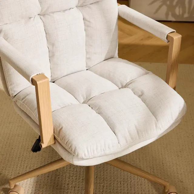 Alt view image 4 of 6 - Comfy Linen Office Desk Chair with Wheels & Detachable Cushions & Wood-Like Armrests,Swivel Small Computer Task Chair,Adjustable for Girl Makeup Vanity,Teen/Kids Study,Nail Tech,Sewing,White