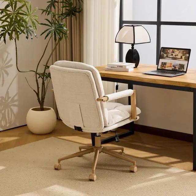 Alt view image 6 of 6 - Comfy Linen Office Desk Chair with Wheels & Detachable Cushions & Wood-Like Armrests,Swivel Small Computer Task Chair,Adjustable for Girl Makeup Vanity,Teen/Kids Study,Nail Tech,Sewing,White