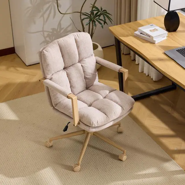 Main image of Comfy Linen Office Desk Chair with Wheels & Detachable Cushions & Wood-Like Armrests,Swivel Small Computer Task Chair,Adjustable for Girl Makeup Vanity,Teen/Kids Study,Nail Tech,Sewing,Khaki