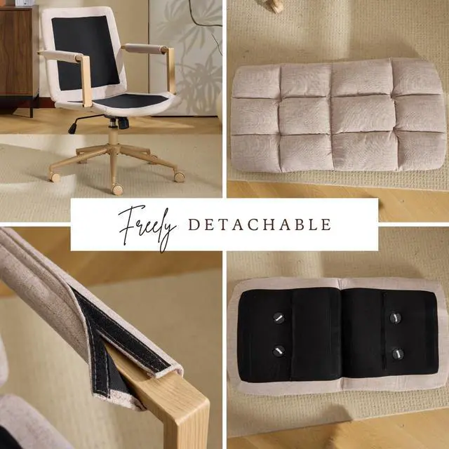 Alt view image 3 of 6 - Comfy Linen Office Desk Chair with Wheels & Detachable Cushions & Wood-Like Armrests,Swivel Small Computer Task Chair,Adjustable for Girl Makeup Vanity,Teen/Kids Study,Nail Tech,Sewing,Khaki
