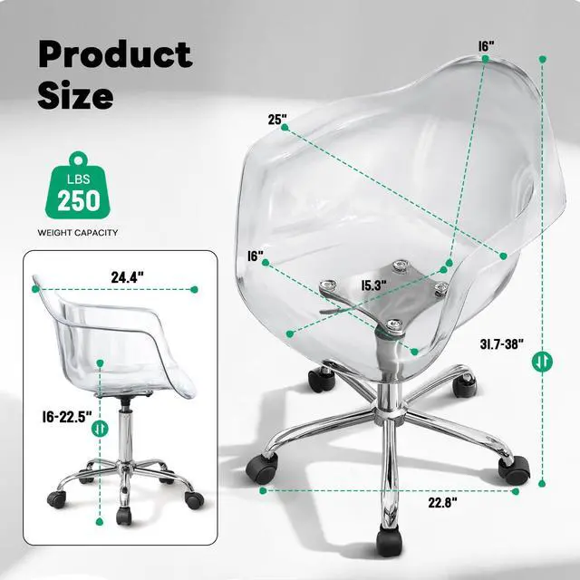 Alt view image 2 of 6 - Clear Desk Chair, Adjustable Acrylic Home Office Chair with Wheels, Swivel Vanity Rolling Chair Swivel Task Chair for Office, Home, Make Up, Small Space, Bed Room
