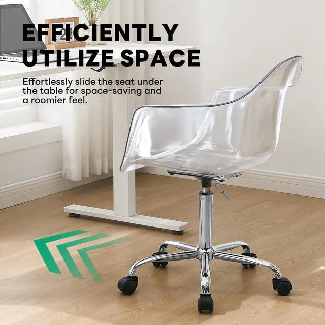 Alt view image 4 of 6 - Clear Desk Chair, Adjustable Acrylic Home Office Chair with Wheels, Swivel Vanity Rolling Chair Swivel Task Chair for Office, Home, Make Up, Small Space, Bed Room