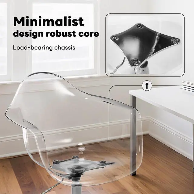 Alt view image 5 of 6 - Clear Desk Chair, Adjustable Acrylic Home Office Chair with Wheels, Swivel Vanity Rolling Chair Swivel Task Chair for Office, Home, Make Up, Small Space, Bed Room