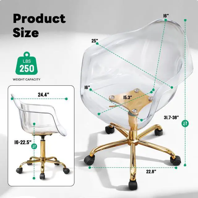 Alt view image 2 of 6 - Clear Desk Chair, Adjustable Acrylic Home Office Chair with Wheels, Swivel Vanity Rolling Chair Swivel Task Chair for Office, Home, Make Up, Small Space, Bed Room