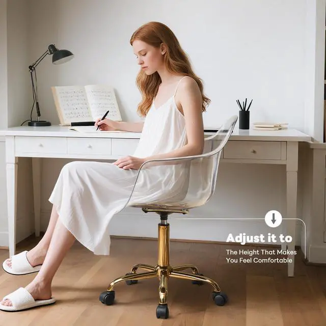 Alt view image 3 of 6 - Clear Desk Chair, Adjustable Acrylic Home Office Chair with Wheels, Swivel Vanity Rolling Chair Swivel Task Chair for Office, Home, Make Up, Small Space, Bed Room
