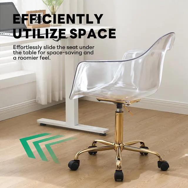 Alt view image 4 of 6 - Clear Desk Chair, Adjustable Acrylic Home Office Chair with Wheels, Swivel Vanity Rolling Chair Swivel Task Chair for Office, Home, Make Up, Small Space, Bed Room