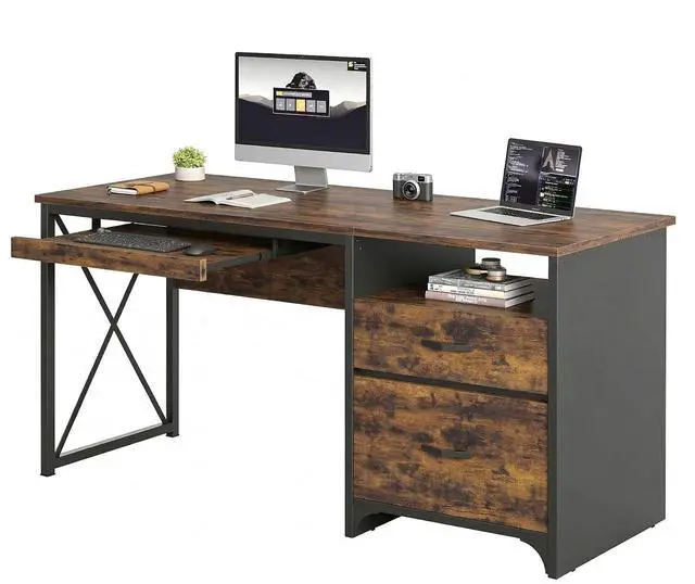 Main image of Office Desk with Drawers, 55 inch Industrial Computer Desk with Storage, Wood Teacher Desk with Keyboard Tray & File Drawer for Home Office, Rustic Brown
