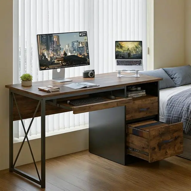 Alt view image 2 of 6 - Office Desk with Drawers, 55 inch Industrial Computer Desk with Storage, Wood Teacher Desk with Keyboard Tray & File Drawer for Home Office, Rustic Brown