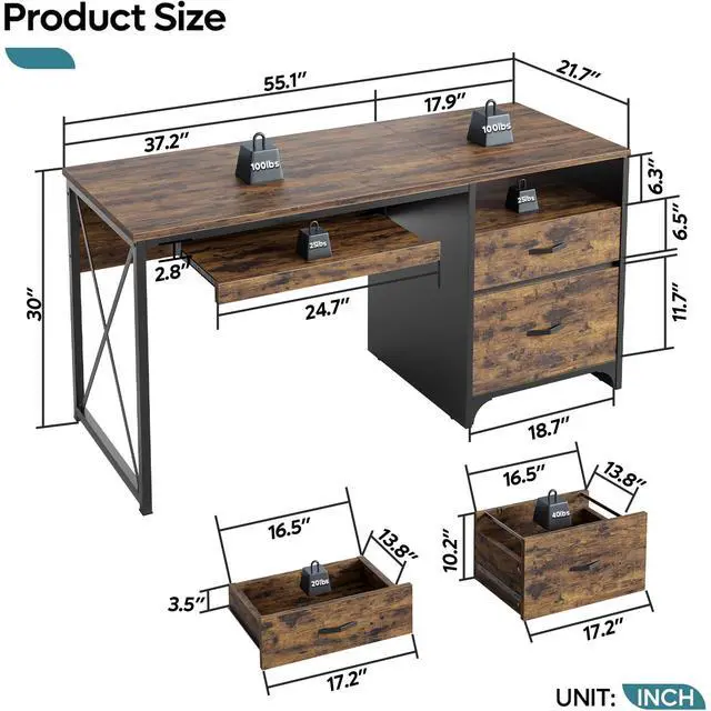 Alt view image 3 of 6 - Office Desk with Drawers, 55 inch Industrial Computer Desk with Storage, Wood Teacher Desk with Keyboard Tray & File Drawer for Home Office, Rustic Brown