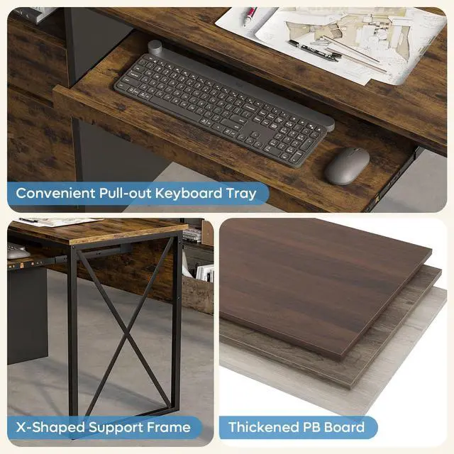 Alt view image 5 of 6 - Office Desk with Drawers, 55 inch Industrial Computer Desk with Storage, Wood Teacher Desk with Keyboard Tray & File Drawer for Home Office, Rustic Brown