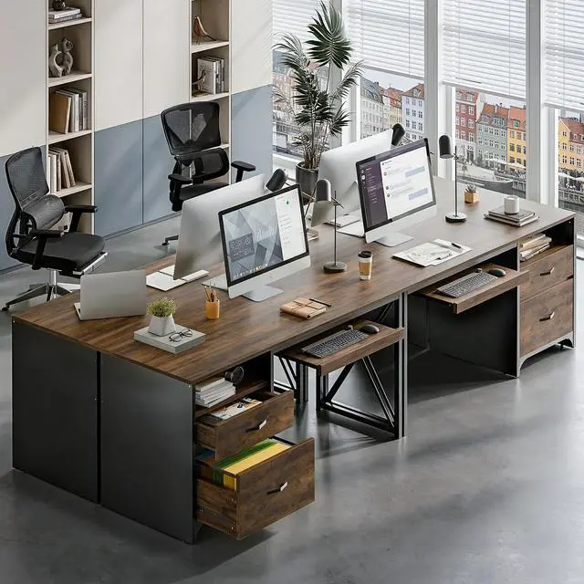 Alt view image 6 of 6 - Office Desk with Drawers, 55 inch Industrial Computer Desk with Storage, Wood Teacher Desk with Keyboard Tray & File Drawer for Home Office, Rustic Brown