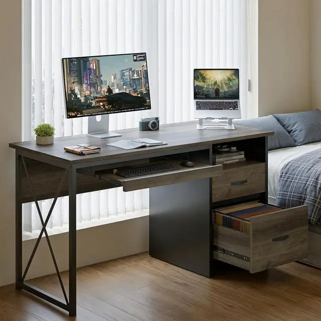 Alt view image 2 of 6 - Office Desk with Drawers, 55 inch Industrial Computer Desk with Storage, Wood Teacher Desk with Keyboard Tray & File Drawer for Home Office, Dark Gray Oak