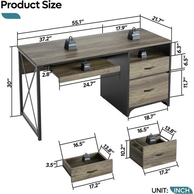 Alt view image 3 of 6 - Office Desk with Drawers, 55 inch Industrial Computer Desk with Storage, Wood Teacher Desk with Keyboard Tray & File Drawer for Home Office, Dark Gray Oak