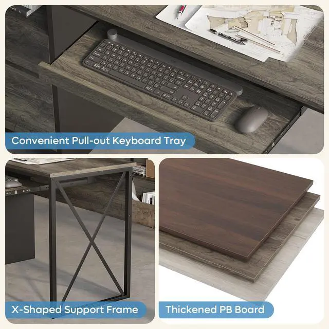 Alt view image 5 of 6 - Office Desk with Drawers, 55 inch Industrial Computer Desk with Storage, Wood Teacher Desk with Keyboard Tray & File Drawer for Home Office, Dark Gray Oak