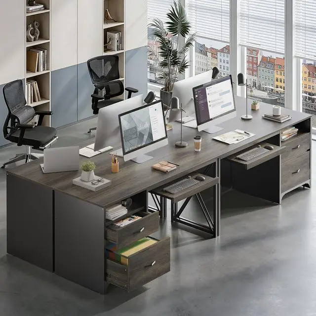Alt view image 6 of 6 - Office Desk with Drawers, 55 inch Industrial Computer Desk with Storage, Wood Teacher Desk with Keyboard Tray & File Drawer for Home Office, Dark Gray Oak