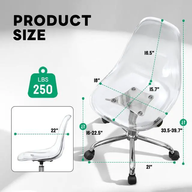 Alt view image 2 of 6 - Clear Desk Chair, Adjustable Acrylic Home Office Chair with Wheels, Swivel Vanity Rolling Chair Swivel Task Chair for Office, Home, Make Up, Small Space, Bed Room