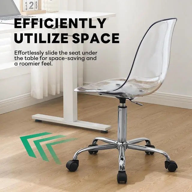Alt view image 4 of 6 - Clear Desk Chair, Adjustable Acrylic Home Office Chair with Wheels, Swivel Vanity Rolling Chair Swivel Task Chair for Office, Home, Make Up, Small Space, Bed Room