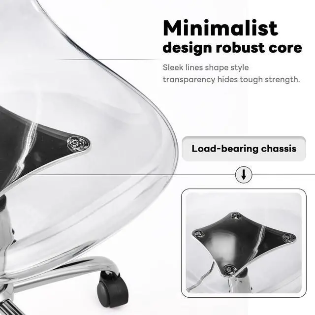 Alt view image 5 of 6 - Clear Desk Chair, Adjustable Acrylic Home Office Chair with Wheels, Swivel Vanity Rolling Chair Swivel Task Chair for Office, Home, Make Up, Small Space, Bed Room