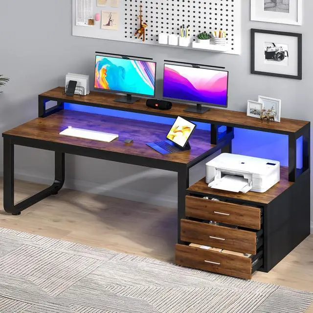 Main image of 67'' Computer Desk with 3 Drawers, Home Office Desk with Printer Shelf and Monitor Stand, Gaming Desk with LED Lights, Black and Walnut