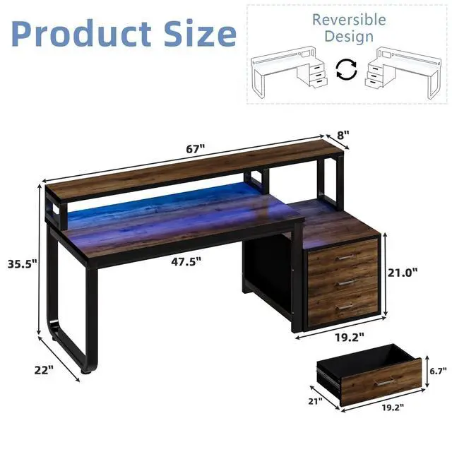 Alt view image 2 of 6 - 67'' Computer Desk with 3 Drawers, Home Office Desk with Printer Shelf and Monitor Stand, Gaming Desk with LED Lights, Black and Walnut