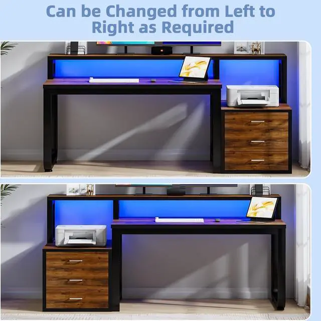 Alt view image 3 of 6 - 67'' Computer Desk with 3 Drawers, Home Office Desk with Printer Shelf and Monitor Stand, Gaming Desk with LED Lights, Black and Walnut