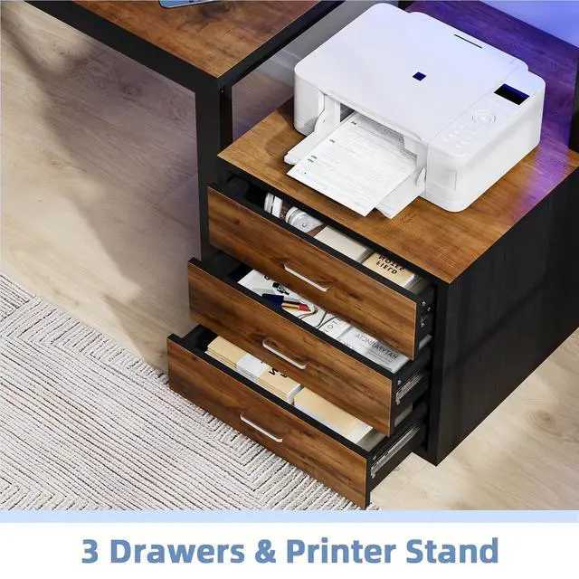 Alt view image 4 of 6 - 67'' Computer Desk with 3 Drawers, Home Office Desk with Printer Shelf and Monitor Stand, Gaming Desk with LED Lights, Black and Walnut