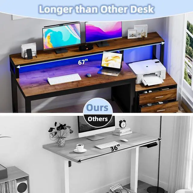 Alt view image 5 of 6 - 67'' Computer Desk with 3 Drawers, Home Office Desk with Printer Shelf and Monitor Stand, Gaming Desk with LED Lights, Black and Walnut