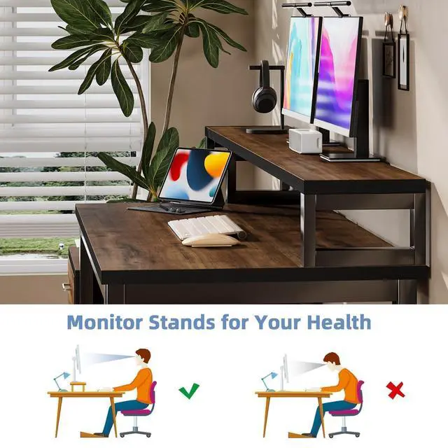 Alt view image 6 of 6 - 67'' Computer Desk with 3 Drawers, Home Office Desk with Printer Shelf and Monitor Stand, Gaming Desk with LED Lights, Black and Walnut