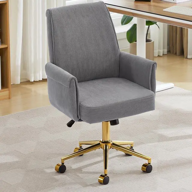 Alt view image 2 of 6 - Stripes Velvet 360°Swivel Desk Chair, Modern Height Adjustable Home Office Armchair with Gold Base and Wheels for Vanity, Comfy Computer Chair for Study Living Room Bedroom(Gray)