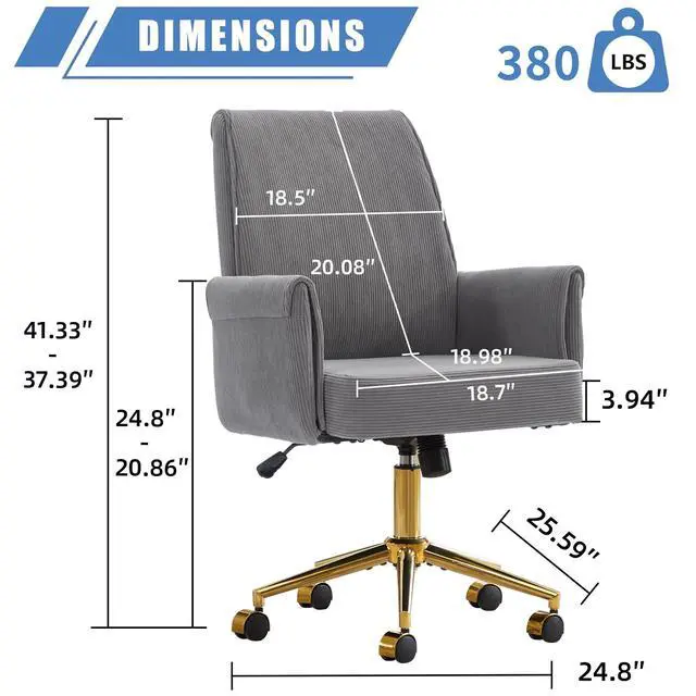 Alt view image 3 of 6 - Stripes Velvet 360°Swivel Desk Chair, Modern Height Adjustable Home Office Armchair with Gold Base and Wheels for Vanity, Comfy Computer Chair for Study Living Room Bedroom(Gray)