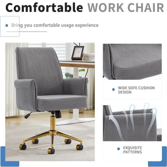 Alt view image 4 of 6 - Stripes Velvet 360°Swivel Desk Chair, Modern Height Adjustable Home Office Armchair with Gold Base and Wheels for Vanity, Comfy Computer Chair for Study Living Room Bedroom(Gray)