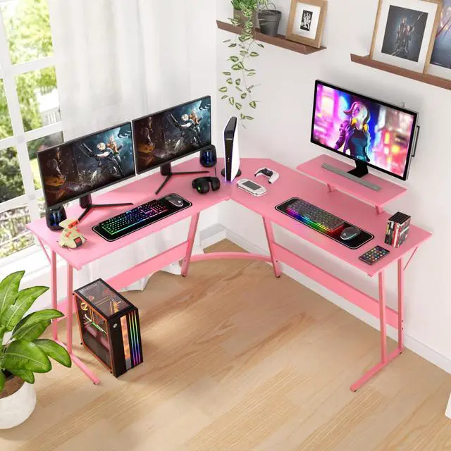 Alt view image 2 of 6 - L Shaped Gaming Desk Corner Desk Computer Desk with Large Desktop Studying and Working and Gaming for Home and Work Place,Pink