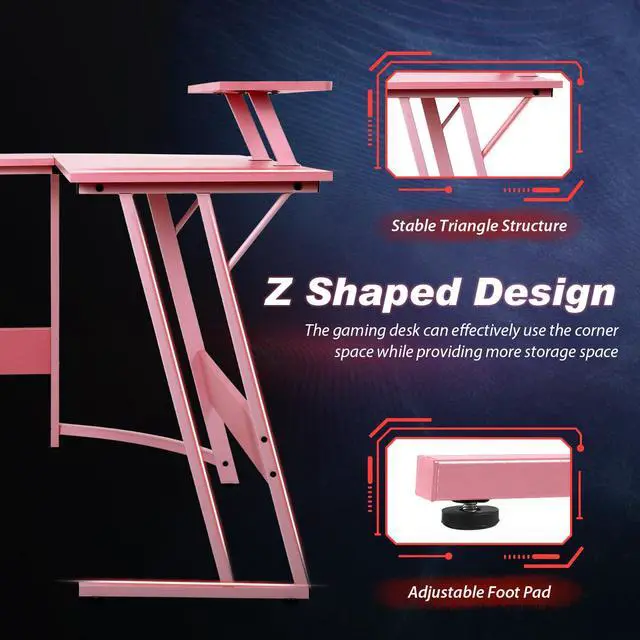 Alt view image 5 of 6 - L Shaped Gaming Desk Corner Desk Computer Desk with Large Desktop Studying and Working and Gaming for Home and Work Place,Pink