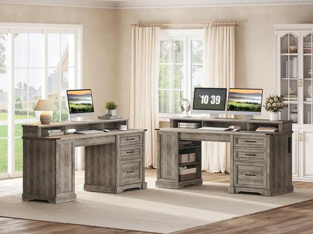 Main image of 2 Pack 55'' Farmhouse Executive Desk with Drawers, Computer Desk with File Cabinet and Side Bookshelf, Writing Gaming Desk with Monitor Stand, Greige