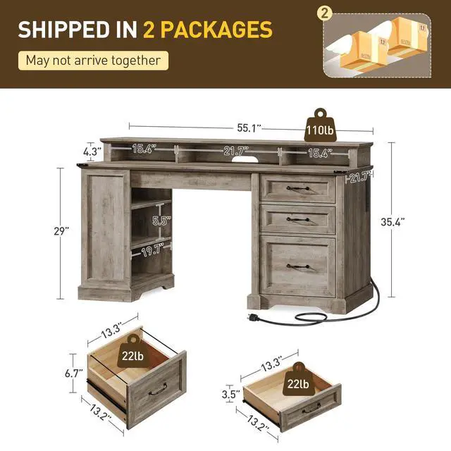 Alt view image 2 of 6 - 2 Pack 55'' Farmhouse Executive Desk with Drawers, Computer Desk with File Cabinet and Side Bookshelf, Writing Gaming Desk with Monitor Stand, Greige