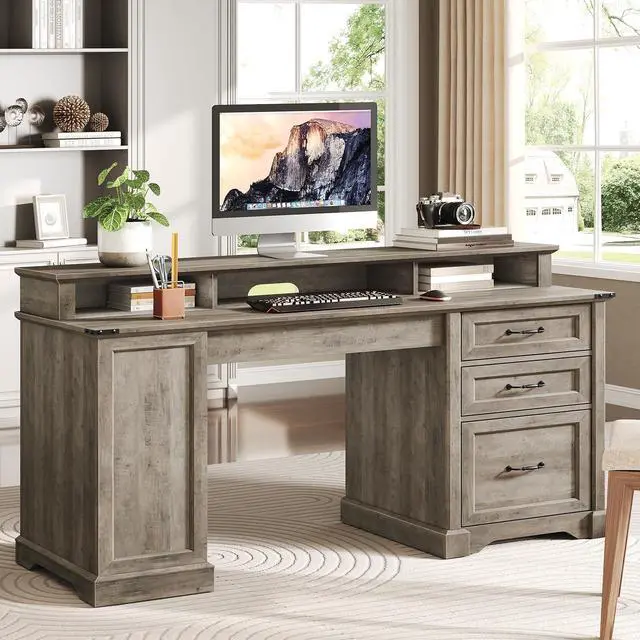 Alt view image 3 of 6 - 2 Pack 55'' Farmhouse Executive Desk with Drawers, Computer Desk with File Cabinet and Side Bookshelf, Writing Gaming Desk with Monitor Stand, Greige