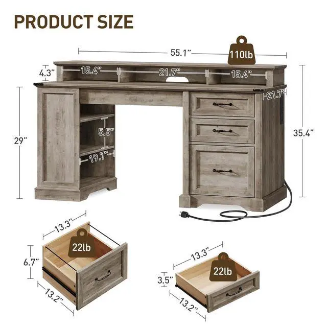 Alt view image 2 of 6 - 55'' Farmhouse Executive Desk with Drawers, Home Office Desk with File Cabinet and Storage Shelf, Charging Station, Computer Desk with Monitor Stand, Writing Gaming Desk, Greige