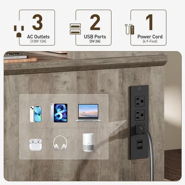 Alt view image 3 of 6 - 55'' Farmhouse Executive Desk with Drawers, Home Office Desk with File Cabinet and Storage Shelf, Charging Station, Computer Desk with Monitor Stand, Writing Gaming Desk, Greige