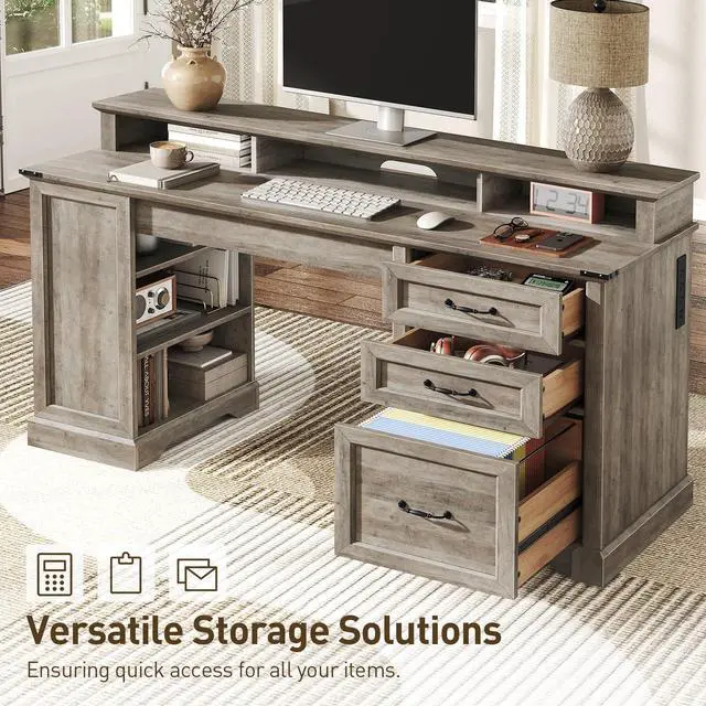 Alt view image 4 of 6 - 55'' Farmhouse Executive Desk with Drawers, Home Office Desk with File Cabinet and Storage Shelf, Charging Station, Computer Desk with Monitor Stand, Writing Gaming Desk, Greige