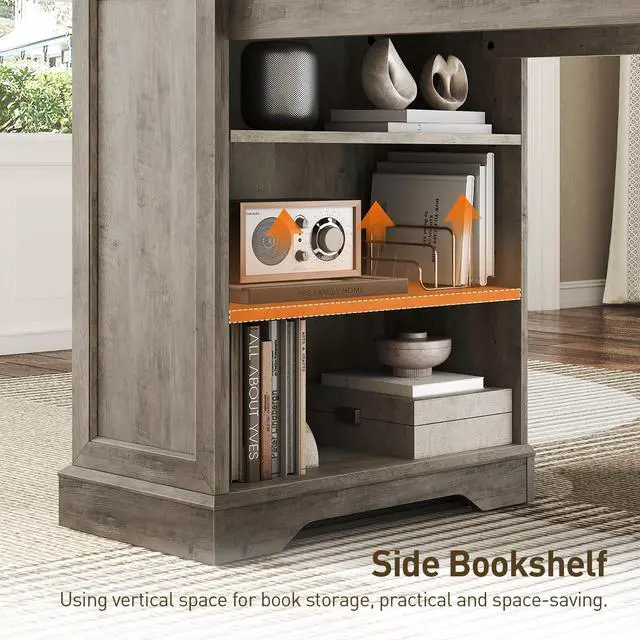 Alt view image 5 of 6 - 55'' Farmhouse Executive Desk with Drawers, Home Office Desk with File Cabinet and Storage Shelf, Charging Station, Computer Desk with Monitor Stand, Writing Gaming Desk, Greige