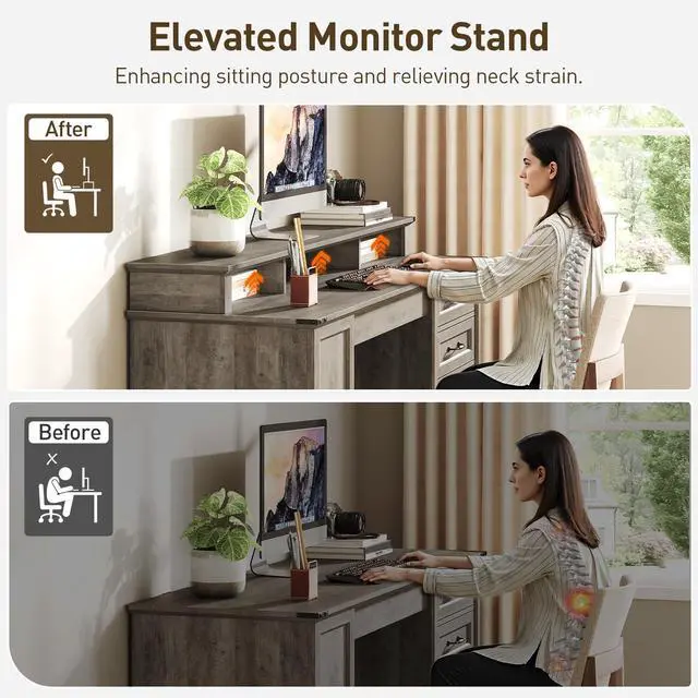Alt view image 6 of 6 - 55'' Farmhouse Executive Desk with Drawers, Home Office Desk with File Cabinet and Storage Shelf, Charging Station, Computer Desk with Monitor Stand, Writing Gaming Desk, Greige