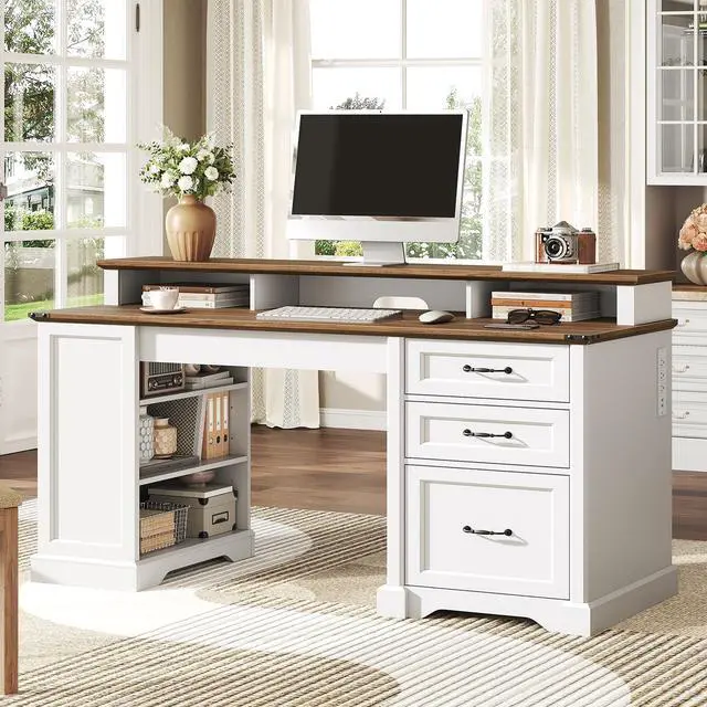 Main image of 55'' Farmhouse Executive Desk with Drawers, Computer Desk with File Cabinet and Side Bookshelf, Writing Gaming Desk with Monitor Stand & Charging Station, White and Walnut