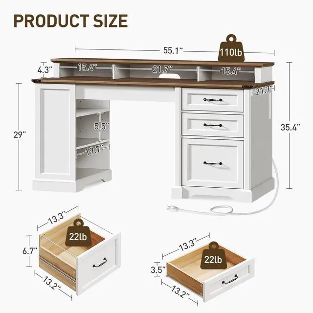 Alt view image 2 of 6 - 55'' Farmhouse Executive Desk with Drawers, Computer Desk with File Cabinet and Side Bookshelf, Writing Gaming Desk with Monitor Stand & Charging Station, White and Walnut